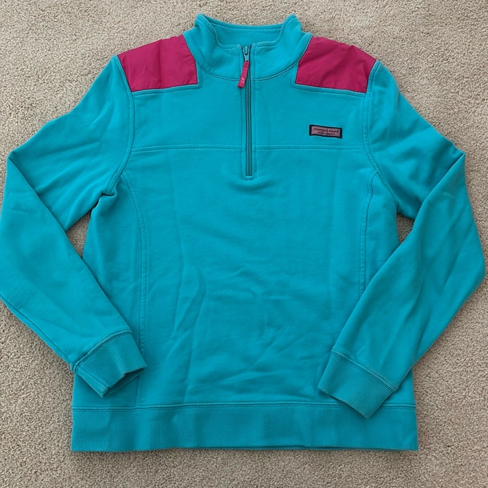 Vintage Vineyard Vines 1/4 Zip Pullover Pink Teal Sweatshirt Girls Sz Medium